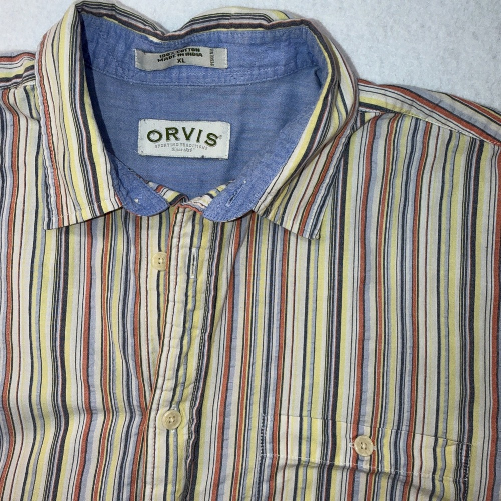 Orvis Men's XL 100% Cotton Multi Color Stripes Classic Short Sleeve Button Up
